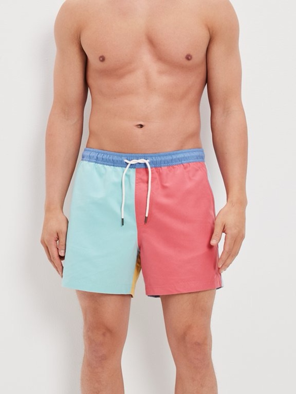 American Eagle Men's Colorblock Swim Trunks - Blue Waist, Aqua & Coral Panels